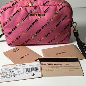 Miu Miu New Blue Colorful Logo Print Nylon Clutch Wristlet Bag Pouch $450